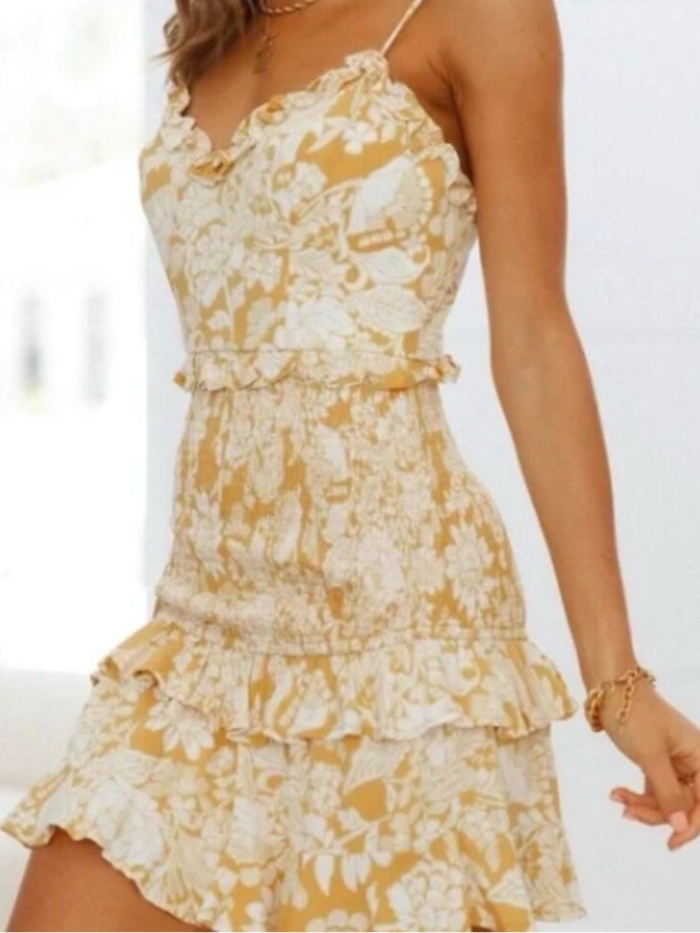 Hello Molly | On the Moon Yellow Sleeveless Ruffle Mini Floral Dress Medium 6